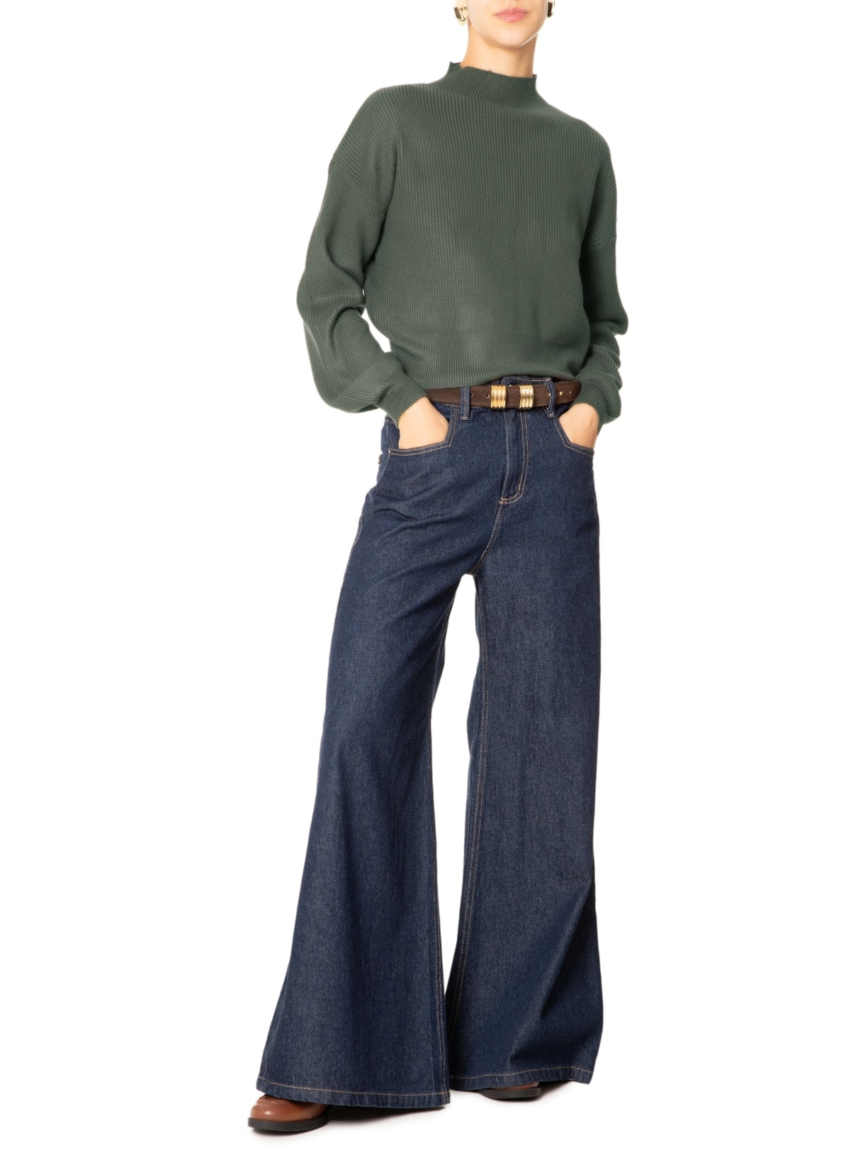 Suéter Feminino Gola Alta Em Tricot Verde '2Essential