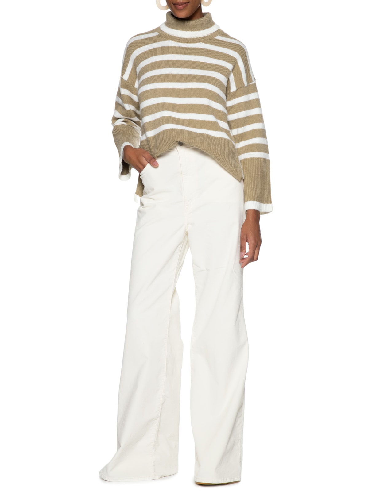 Suéter Feminino Gola Alta Listrado Bege Basiq