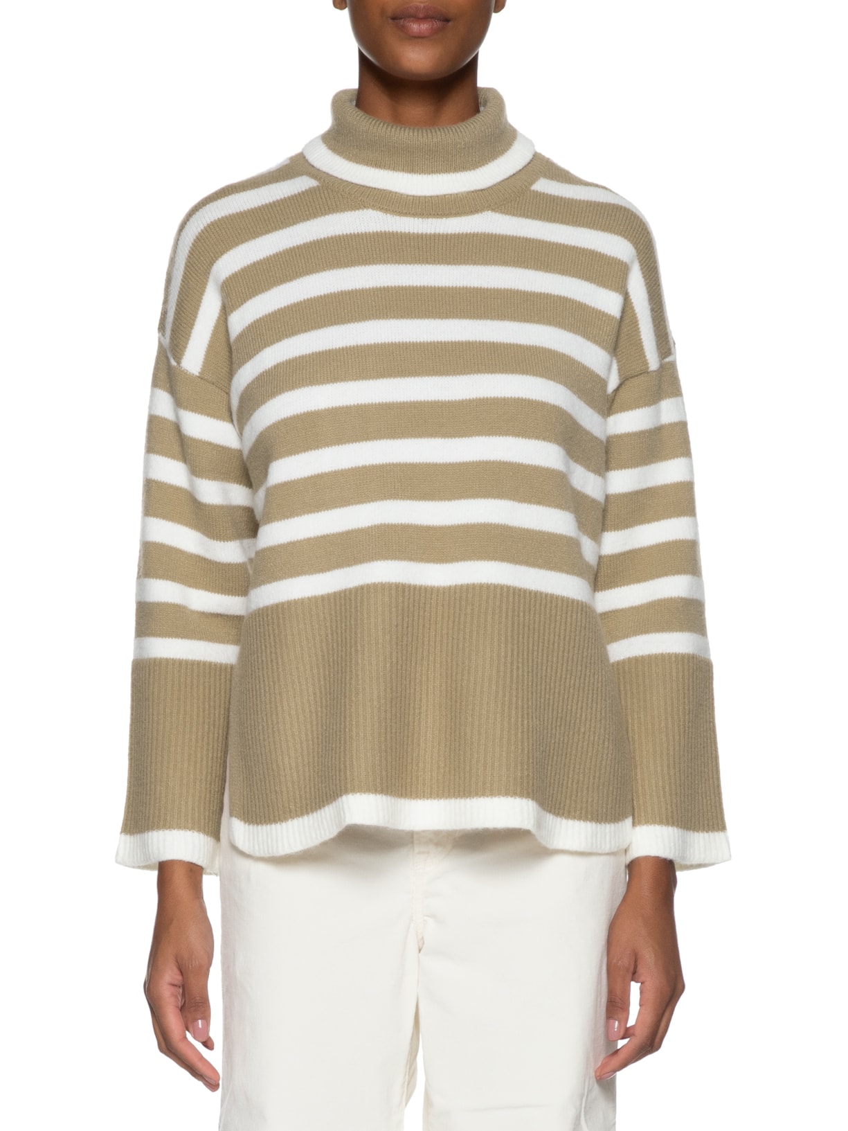 Suéter Feminino Gola Alta Listrado Bege Basiq