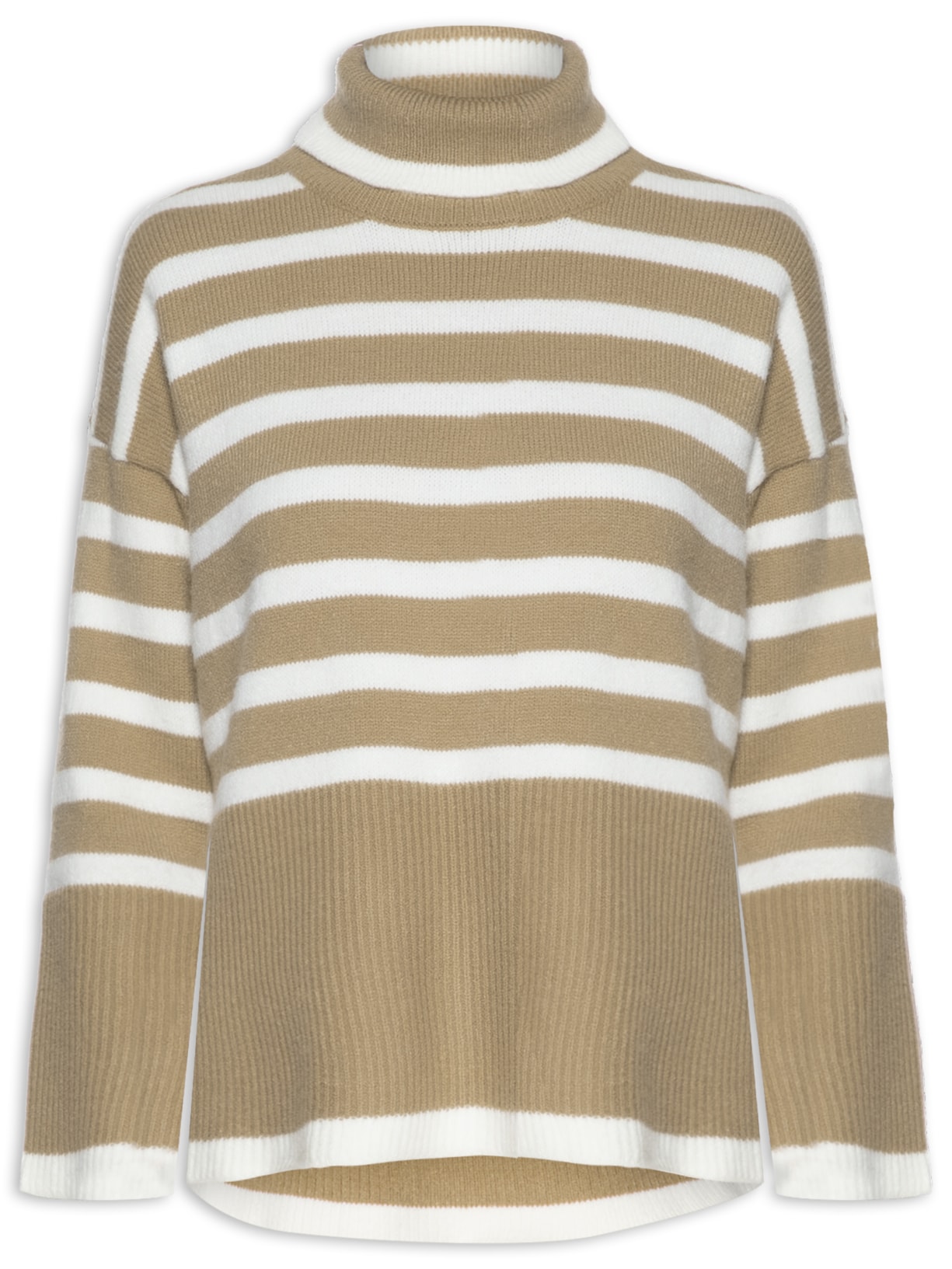 Suéter Feminino Gola Alta Listrado Bege Basiq