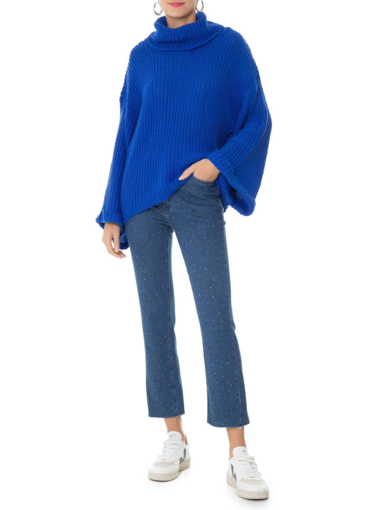 Suéter Feminino Gola Alta Manga Longa Azul '2Essential