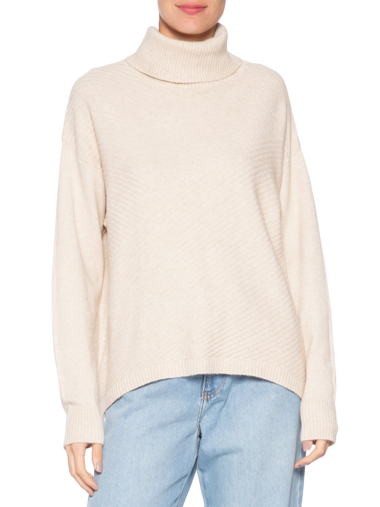 Suéter Feminino Gola Alta Texturizado Bege Basiq