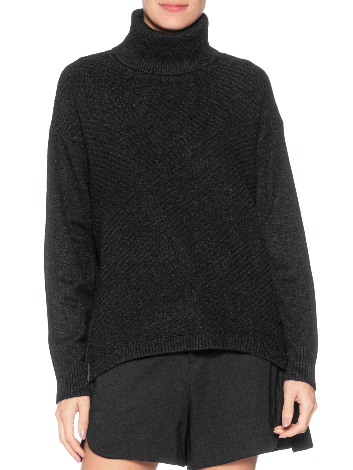 Suéter Feminino Gola Alta Texturizado Preto Basiq