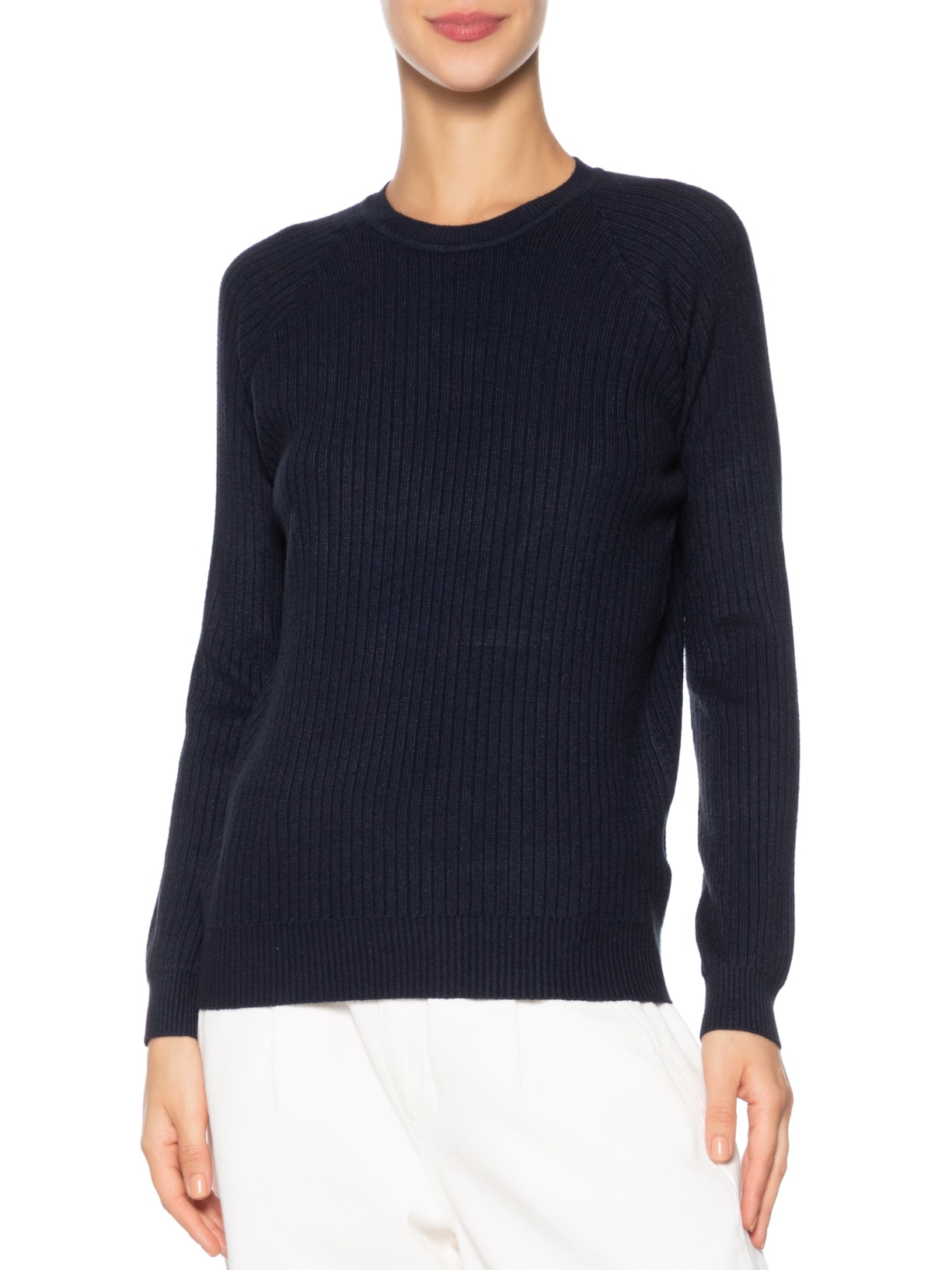 Suéter Feminino Gola Careca Textura Azul Basiq