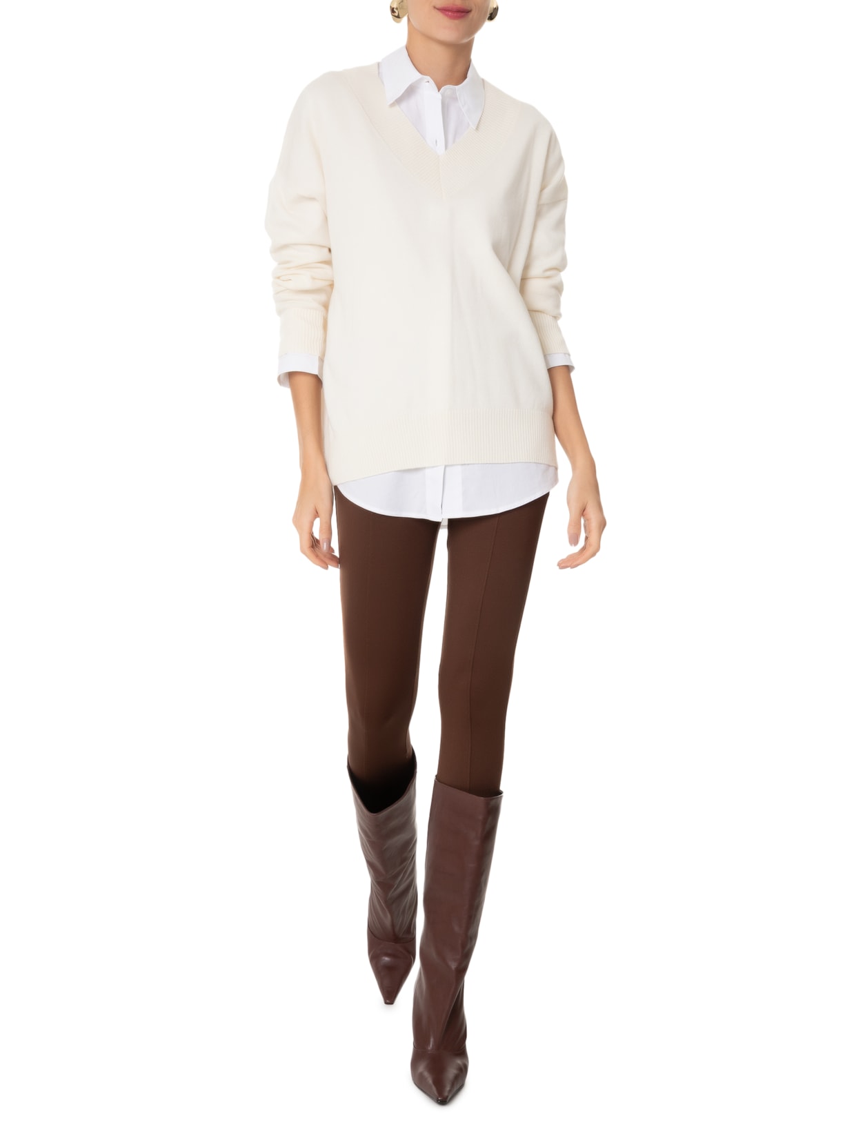 Suéter Feminino Gola V Com Blend de Lã Cashmere Off White '2Essential