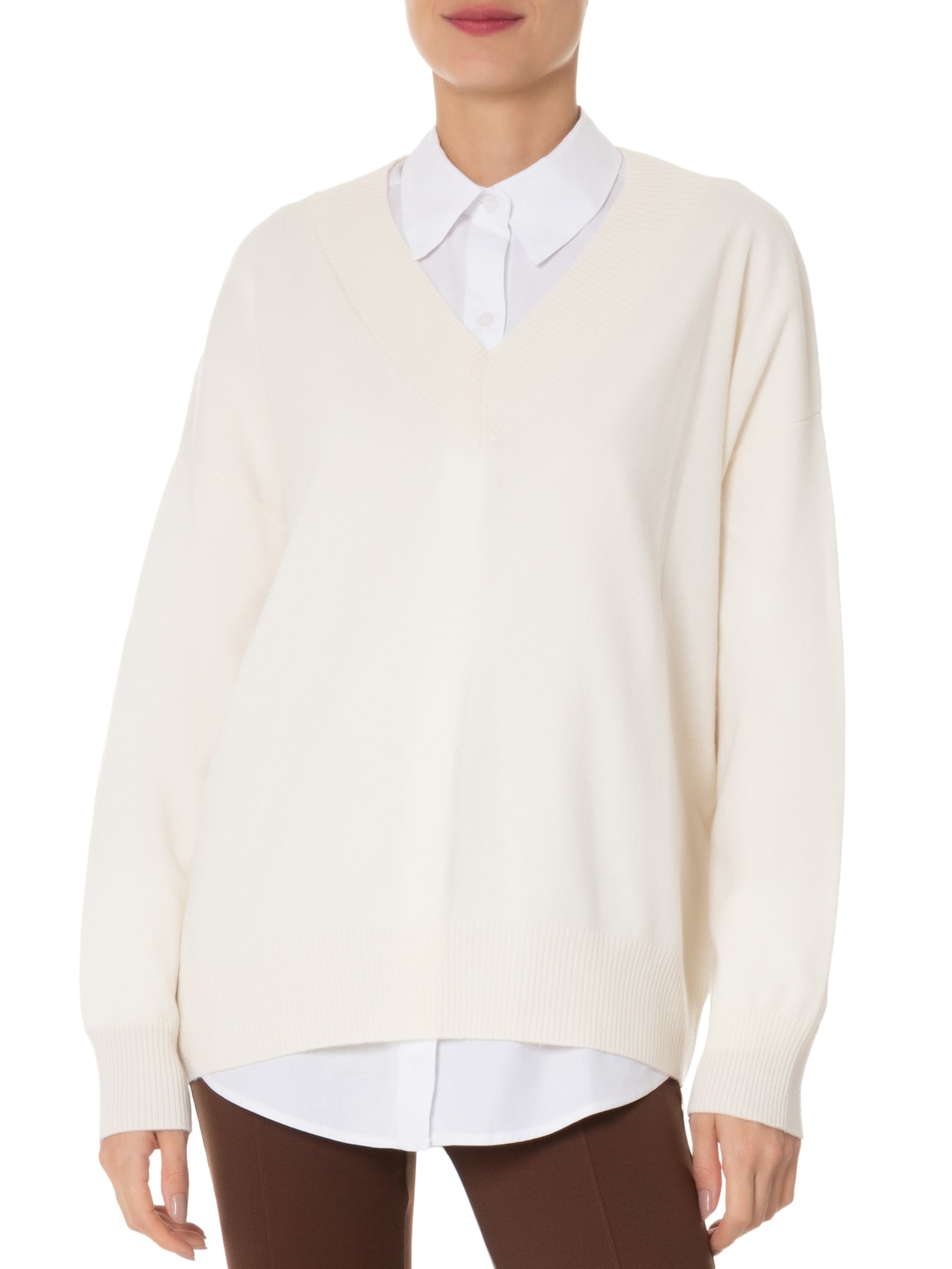 Suéter Feminino Gola V Com Blend de Lã Cashmere Off White '2Essential