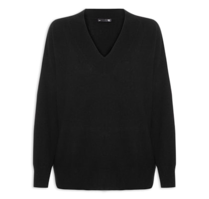 Suéter Feminino Gola V Com Blend de Lã Cashmere  - Preto