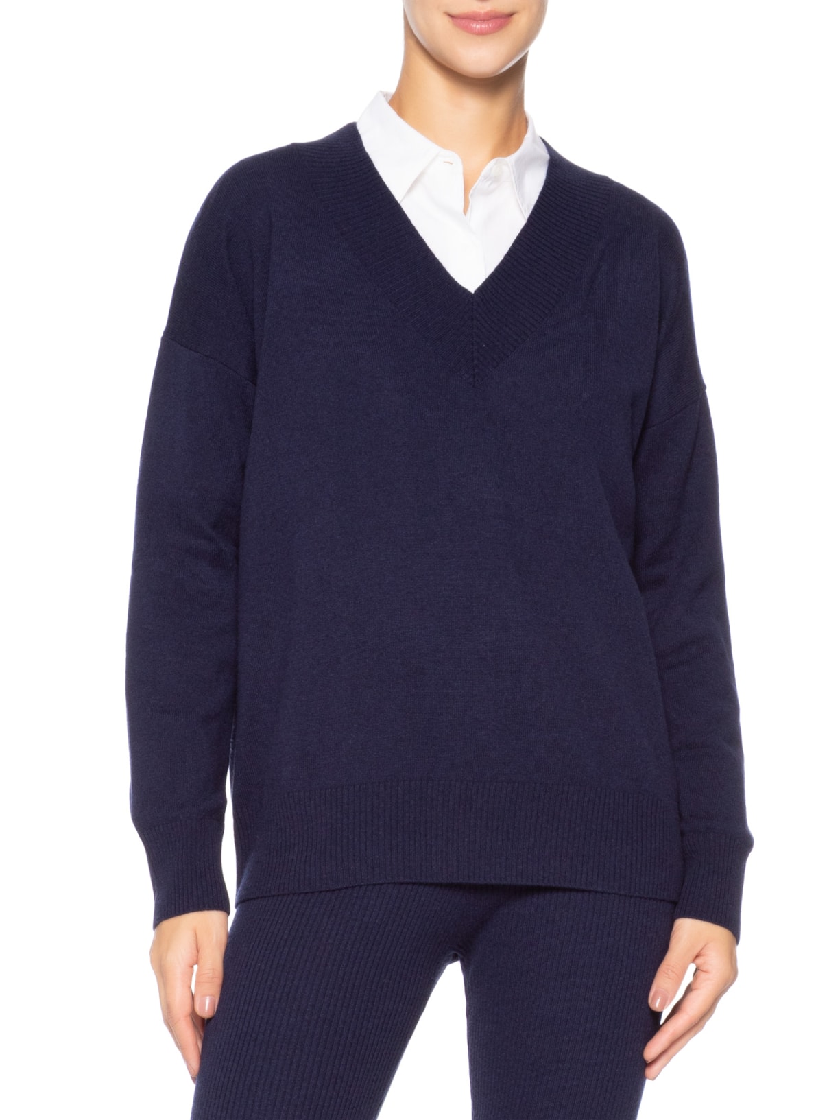 Suéter Feminino Gola V Com Blend De Lã E Cashmere Azul '2Essential