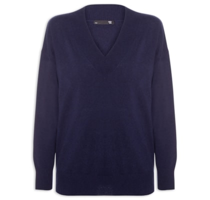Suéter Feminino Gola V Com Blend De Lã E Cashmere - Azul