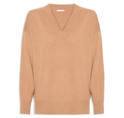 Suéter Feminino Gola V Com Blend De Lã E Cashmere - Bege