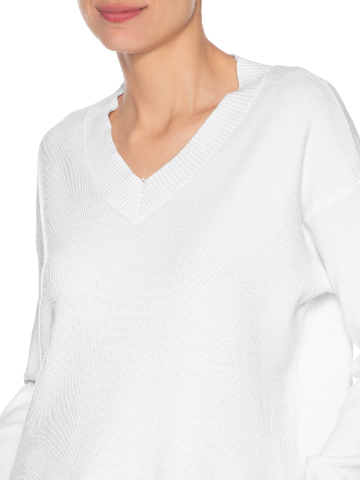 Suéter Feminino Gola V Com Fendas Laterais Branco '2Essential