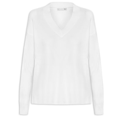 Suéter Feminino Gola V Com Fendas Laterais - Branco