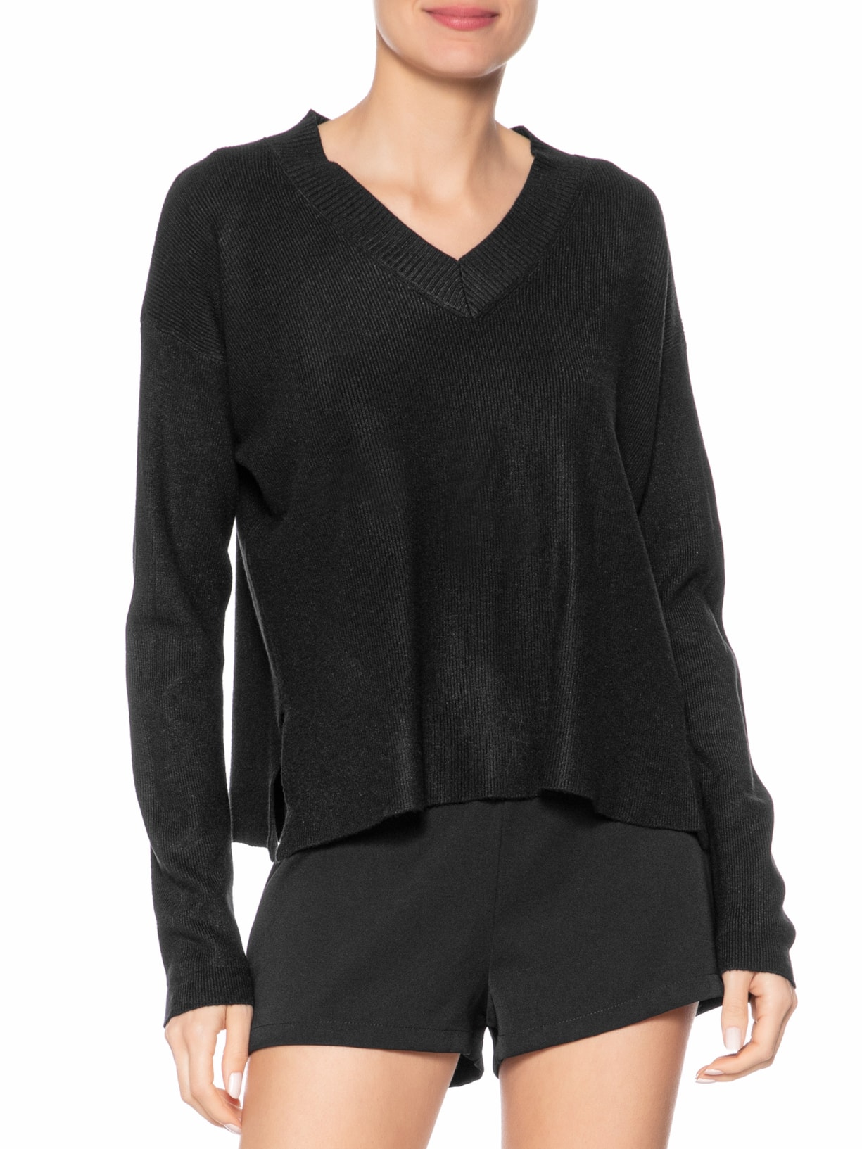 Suéter Feminino Gola V Com Fendas Laterais Preto '2Essential