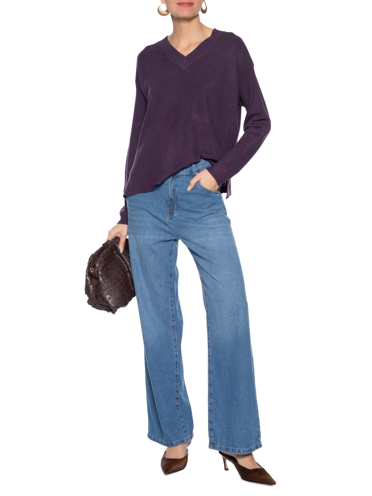 Suéter Feminino Gola V Com Fendas Laterais Roxo '2Essential