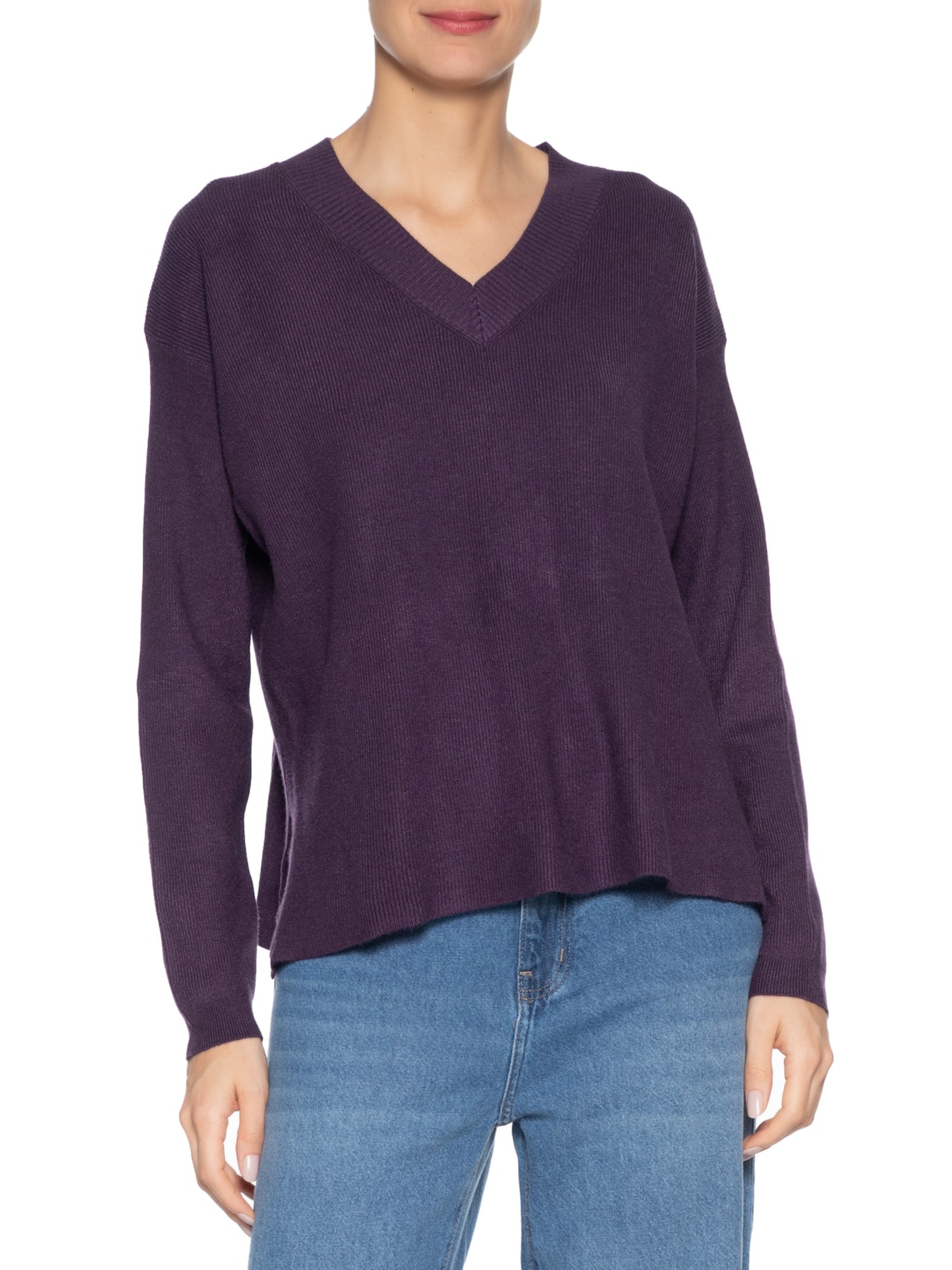 Suéter Feminino Gola V Com Fendas Laterais Roxo '2Essential