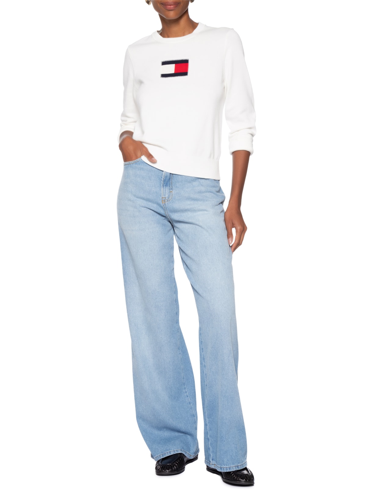 Suéter Feminino Intarsia Graphic Ls C-NK Branco Tommy Hilfiger