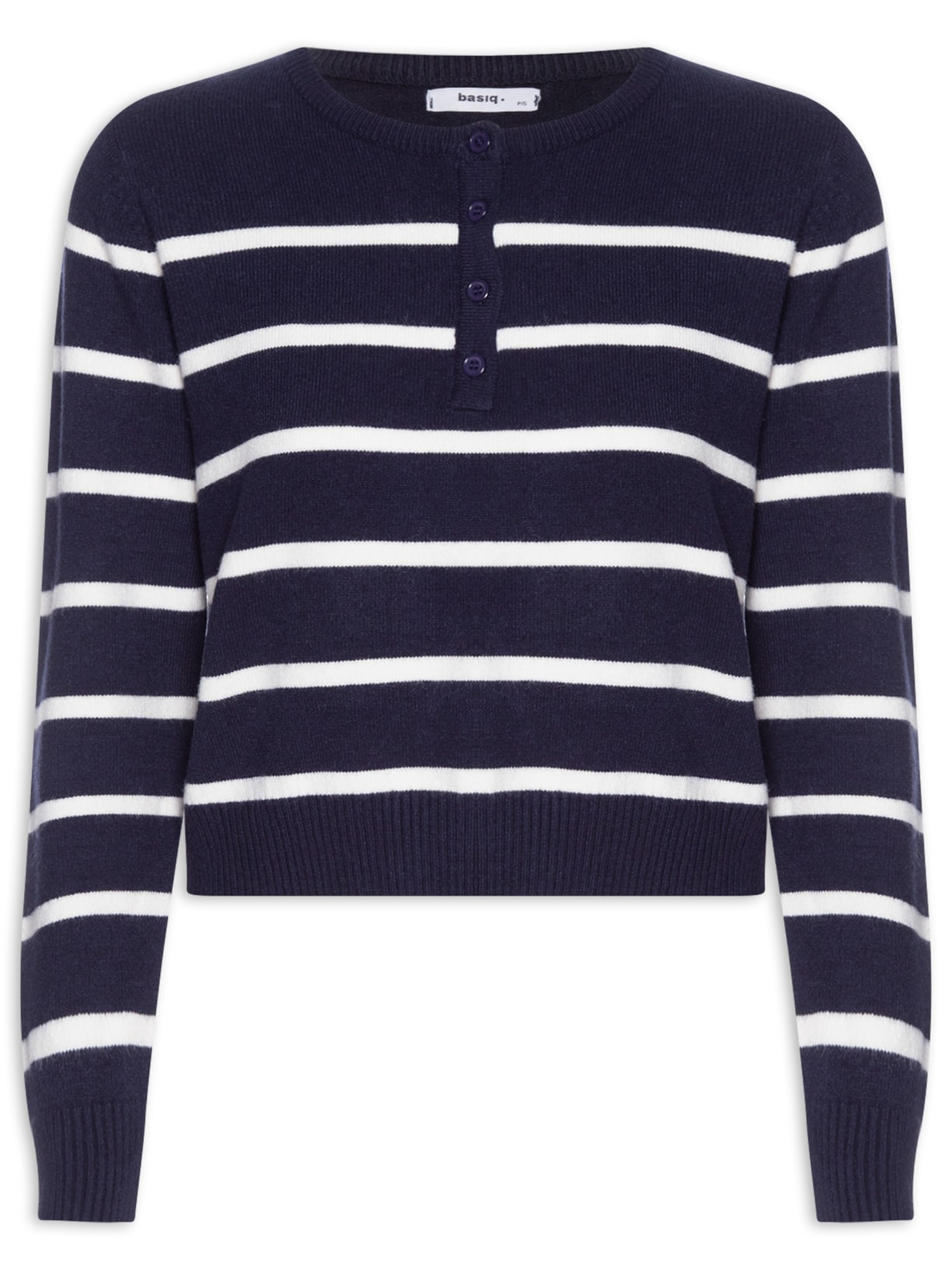 Suéter Feminino Listrado Com Botão Azul Basiq