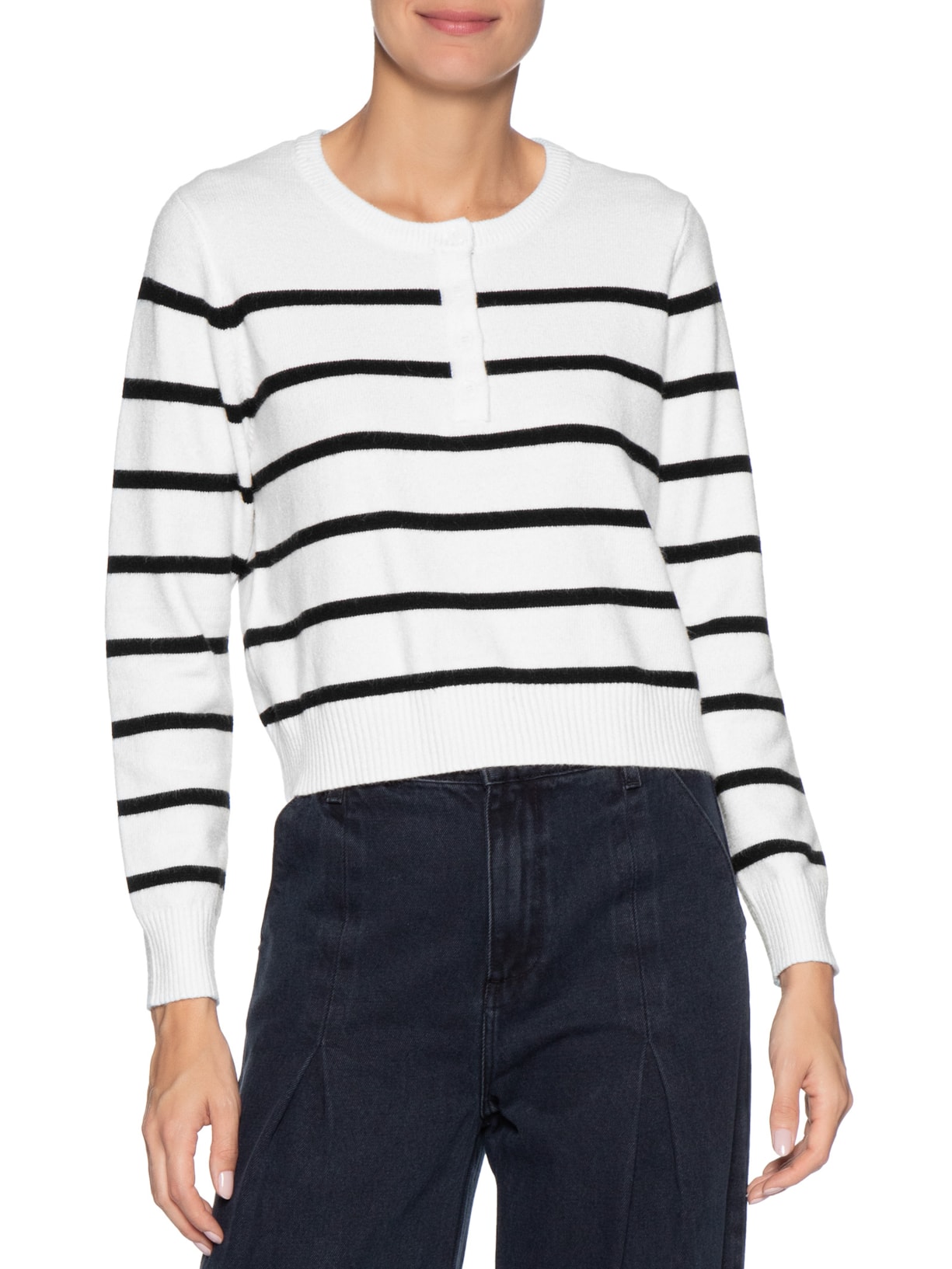 Suéter Feminino Listrado Com Botão Branco Basiq