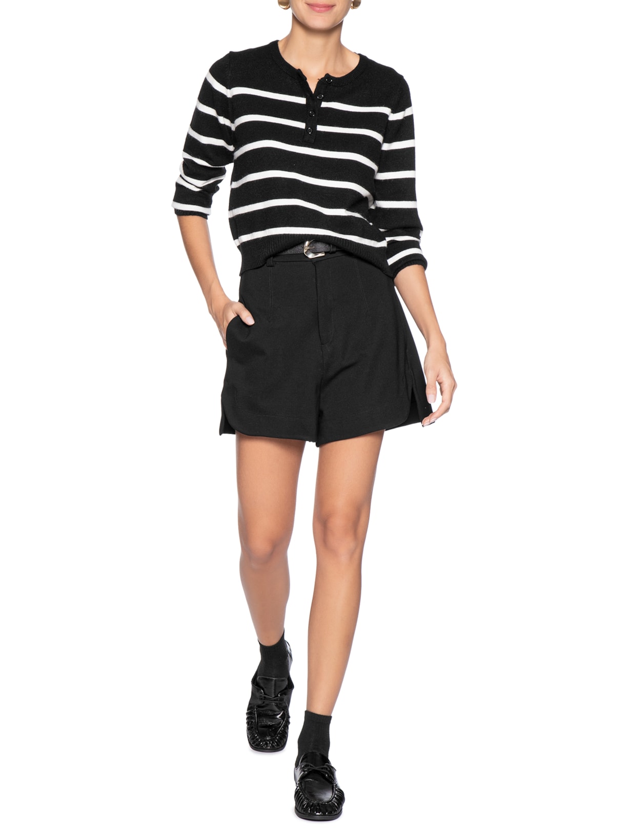 Suéter Feminino Listrado Com Botão Preto Basiq