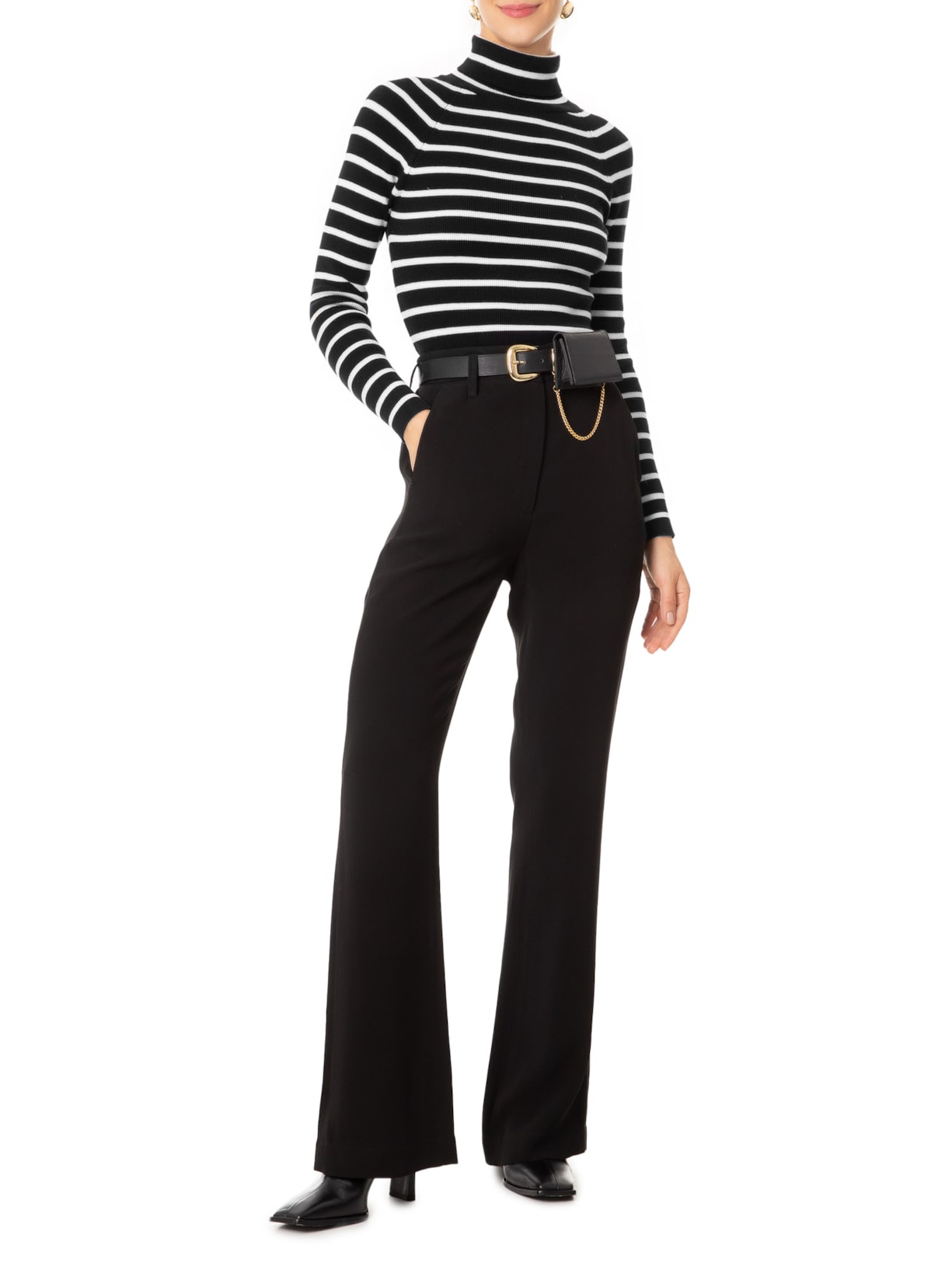 Suéter Feminino Listrado Gola Alta - Preto by ANSELMI