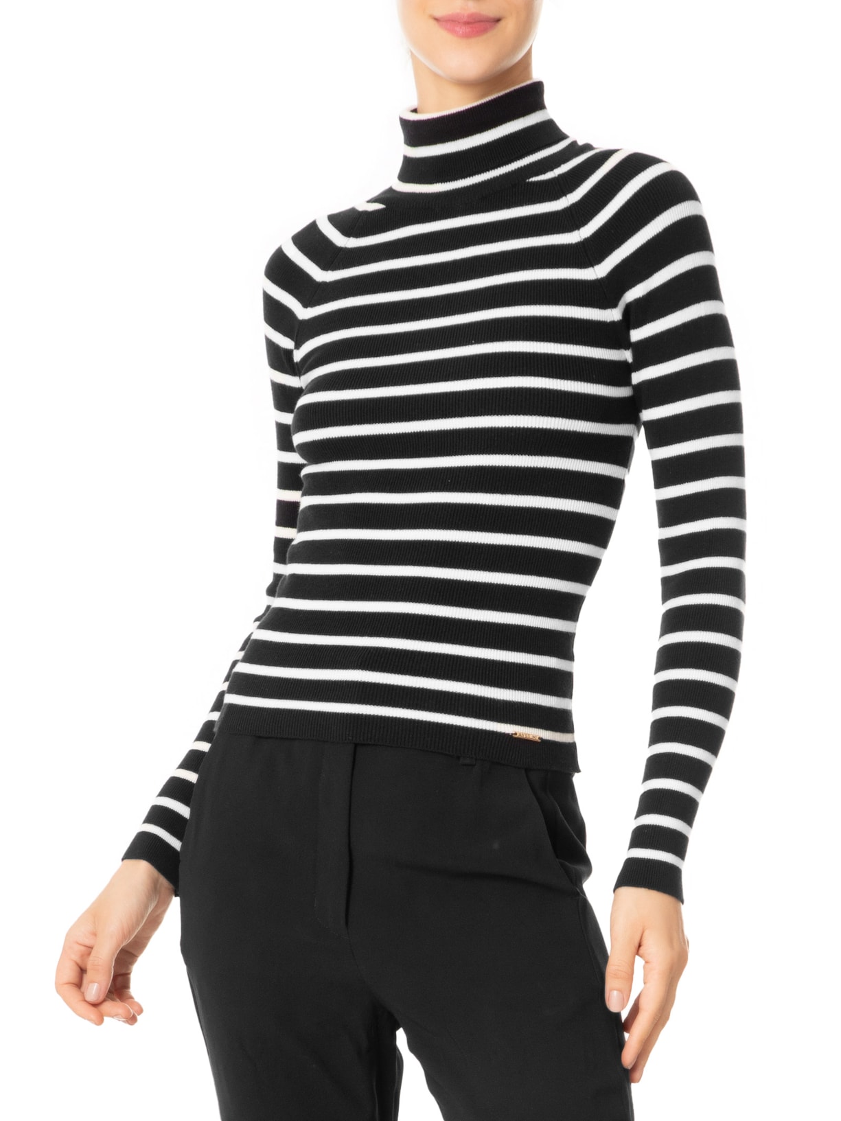 Suéter Feminino Listrado Gola Alta - Preto by ANSELMI