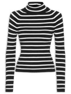 Suéter Feminino Listrado Gola Alta - Preto by ANSELMI