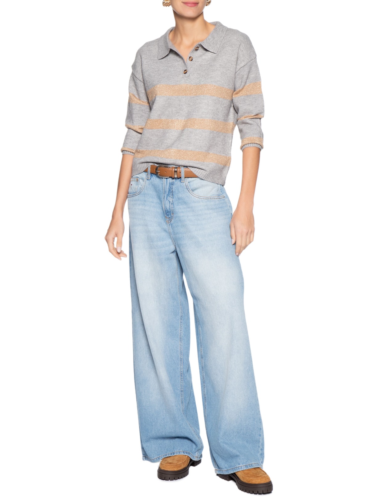 Suéter Feminino Listrado Gola Esporte Cinza Basiq