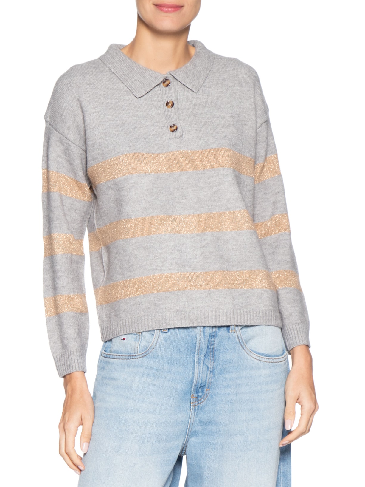 Suéter Feminino Listrado Gola Esporte Cinza Basiq