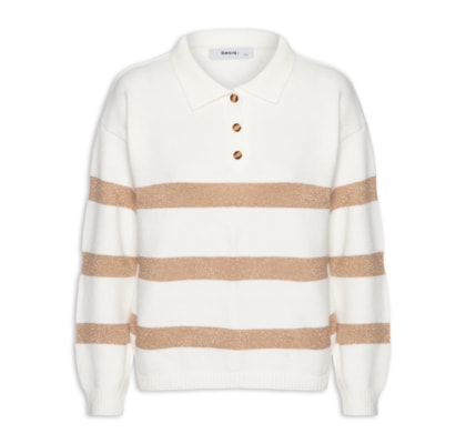 Suéter Feminino Listrado Gola Esporte - Off White