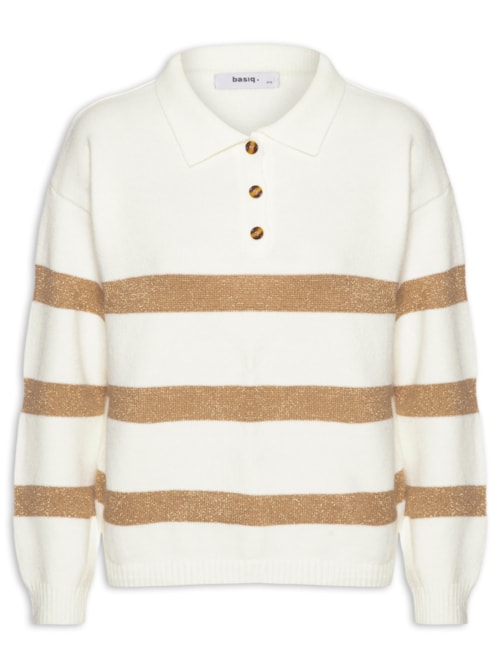 Suéter Feminino Listrado Gola Esporte - Off White