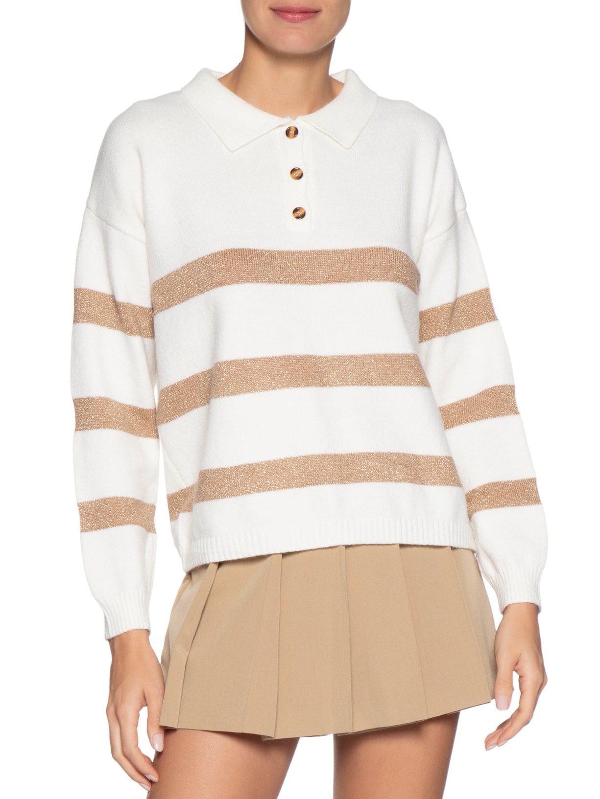 Suéter Feminino Listrado Gola Esporte Off White Basiq