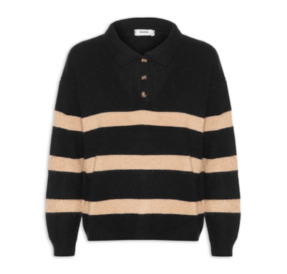 Suéter Feminino Listrado Gola Esporte - Preto