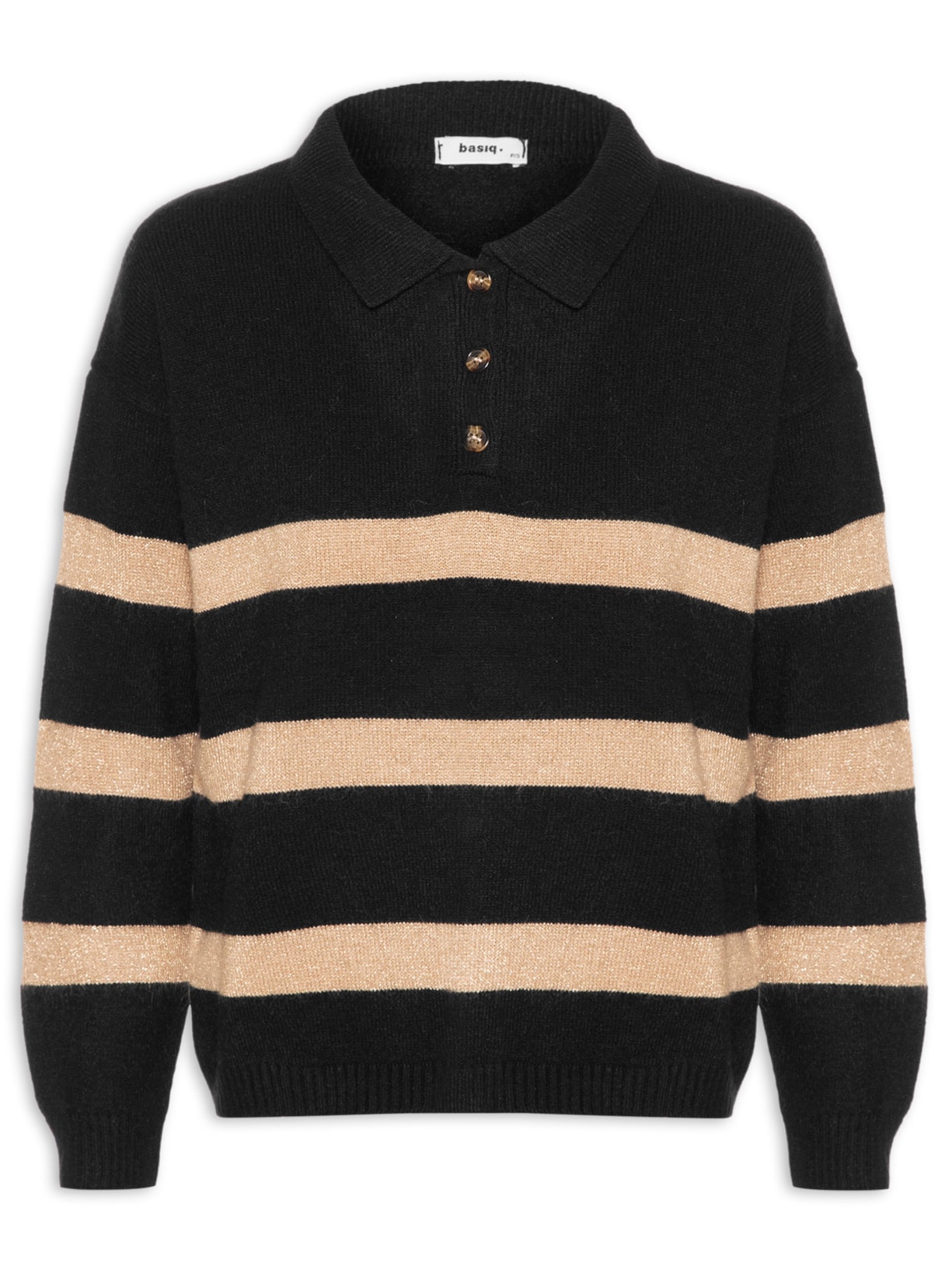 Suéter Feminino Listrado Gola Esporte - Preto