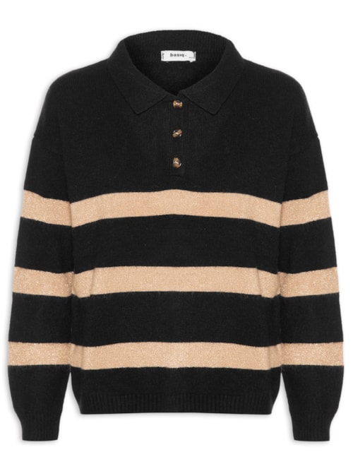 Suéter Feminino Listrado Gola Esporte - Preto