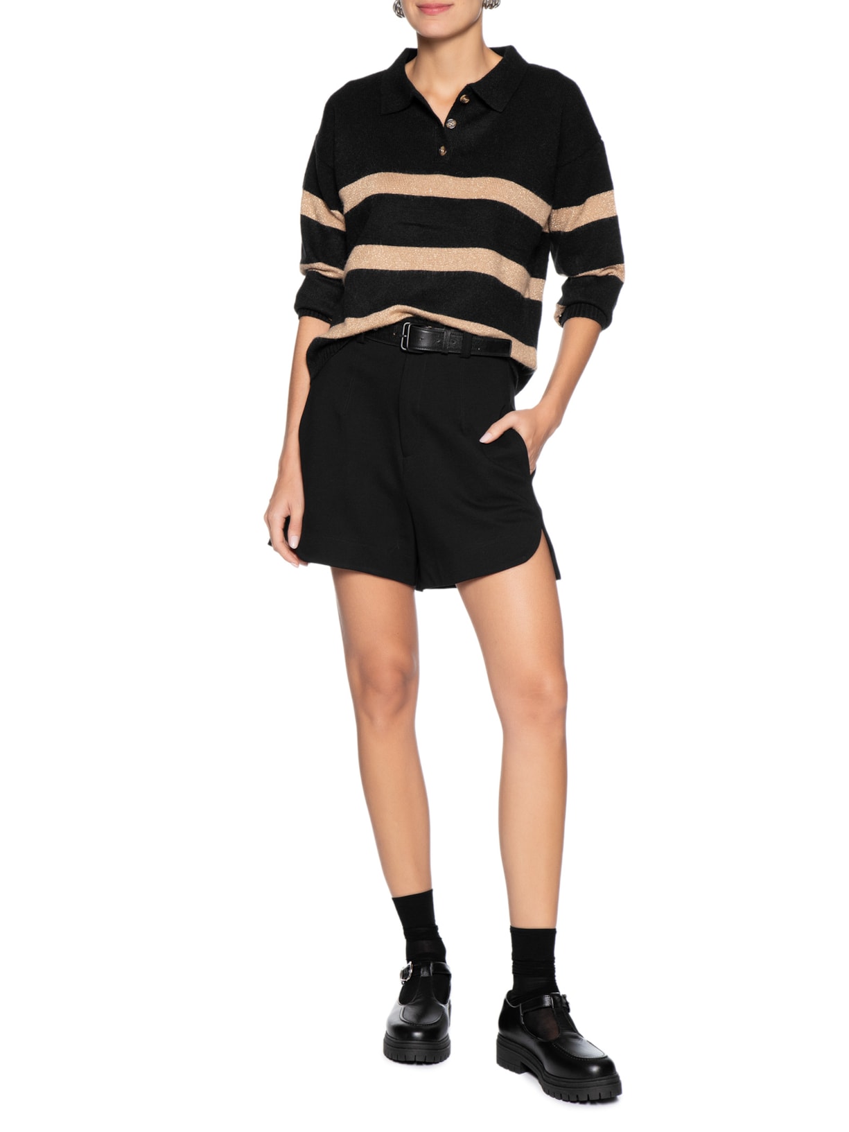 Suéter Feminino Listrado Gola Esporte Preto Basiq