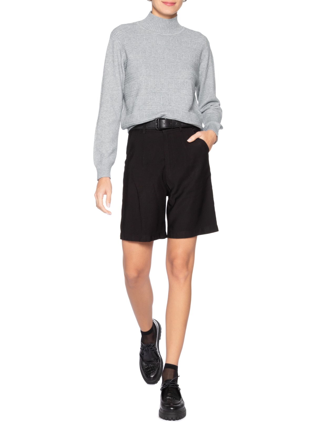 Suéter Feminino Oversized Gola Careca Cinza Basiq