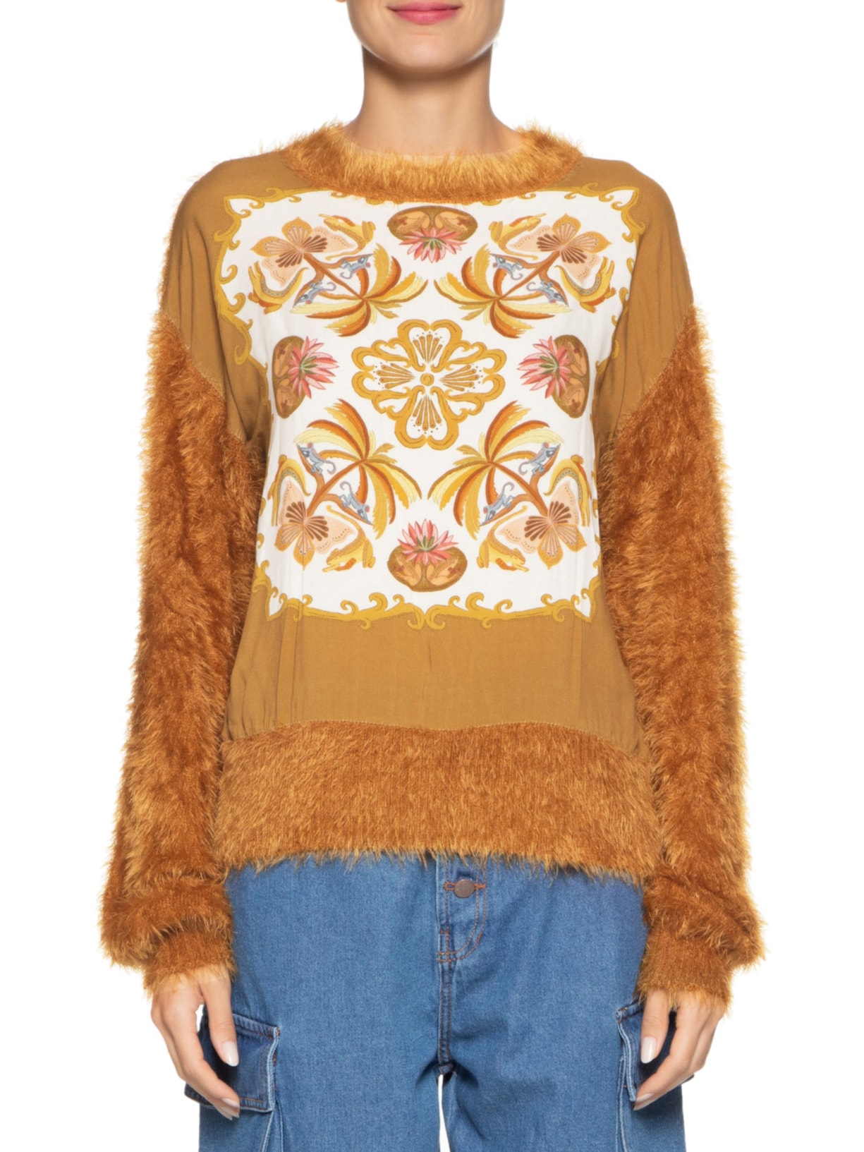 Suéter Feminino Pelinho Lenço Amazônia Chic Marrom Farm