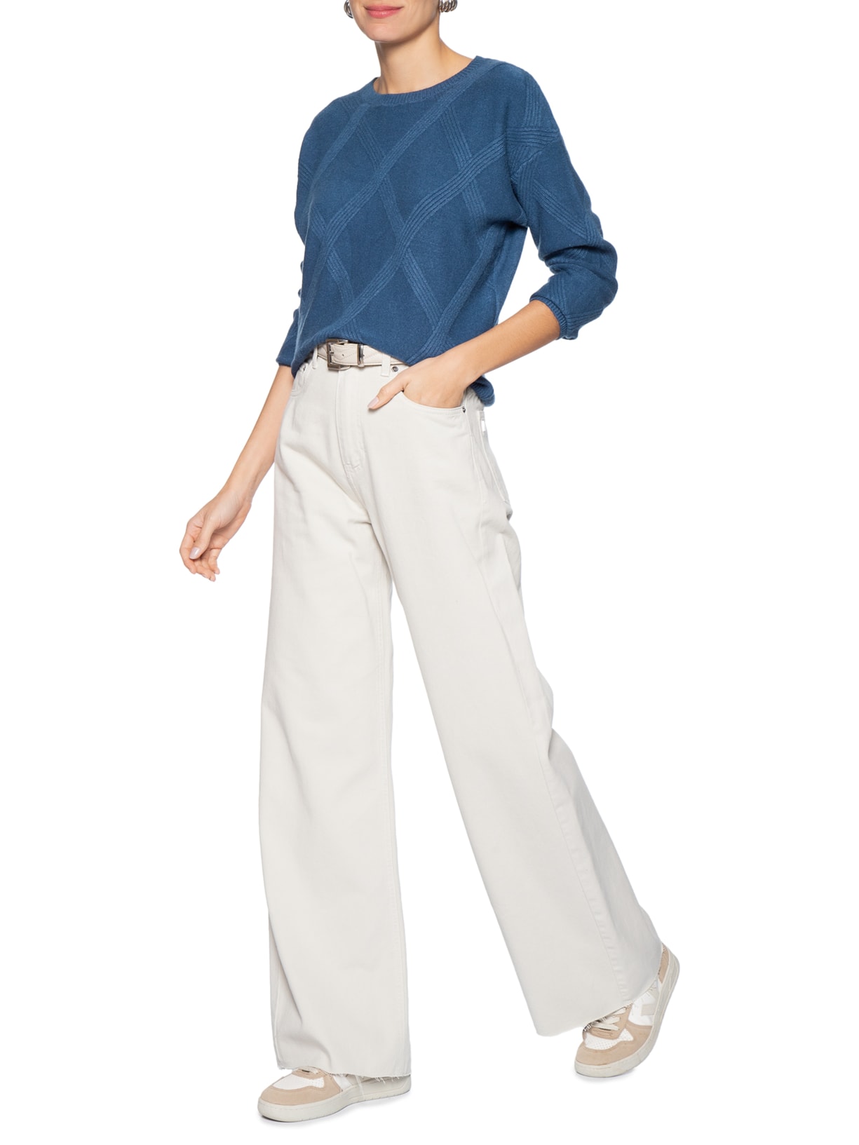 Suéter Feminino Texturizado Em Tricot Azul Basiq
