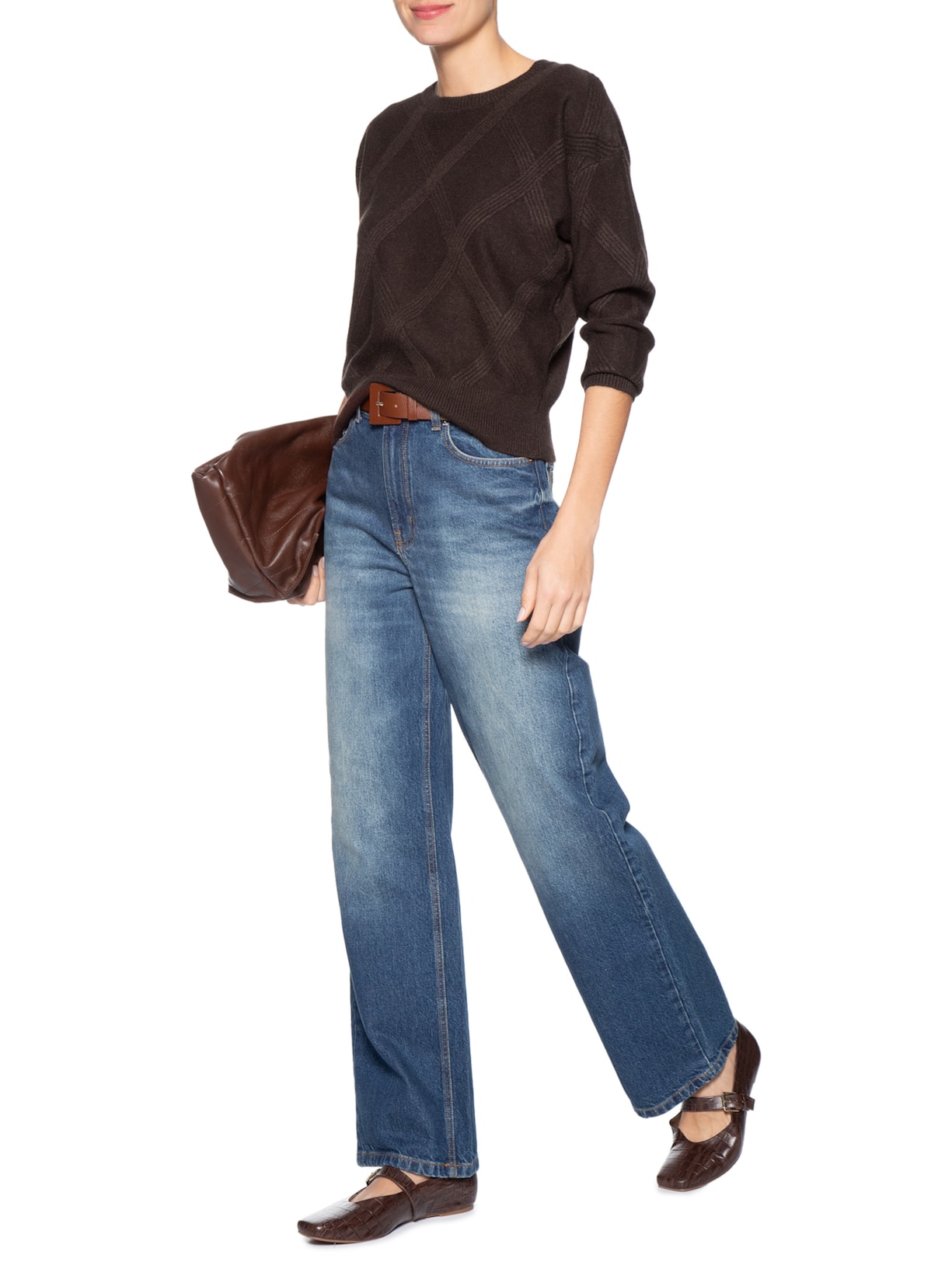 Suéter Feminino Texturizado Em Tricot Marrom Basiq