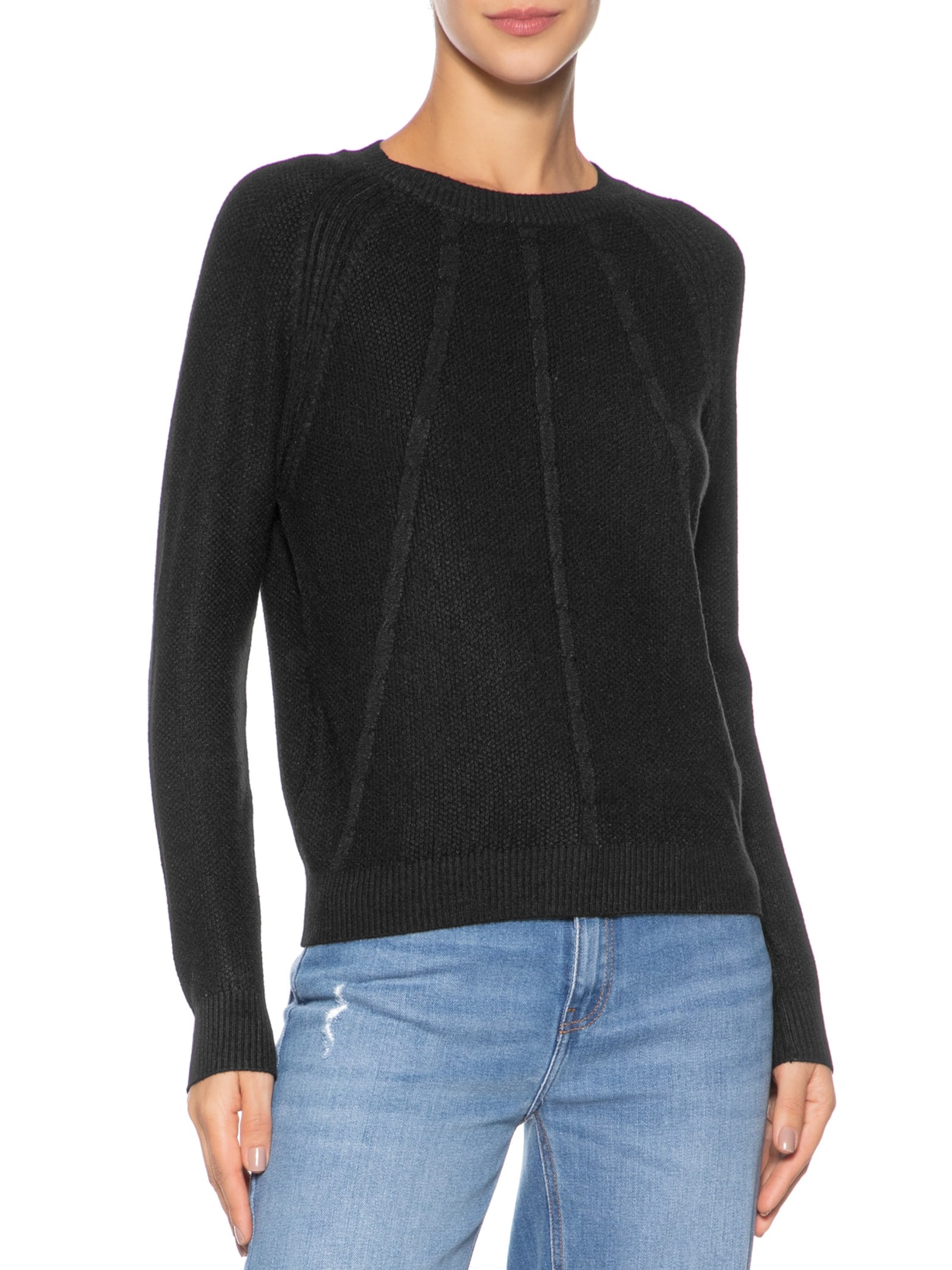 Suéter Feminino Texturizado Gola Careca Preto Basiq