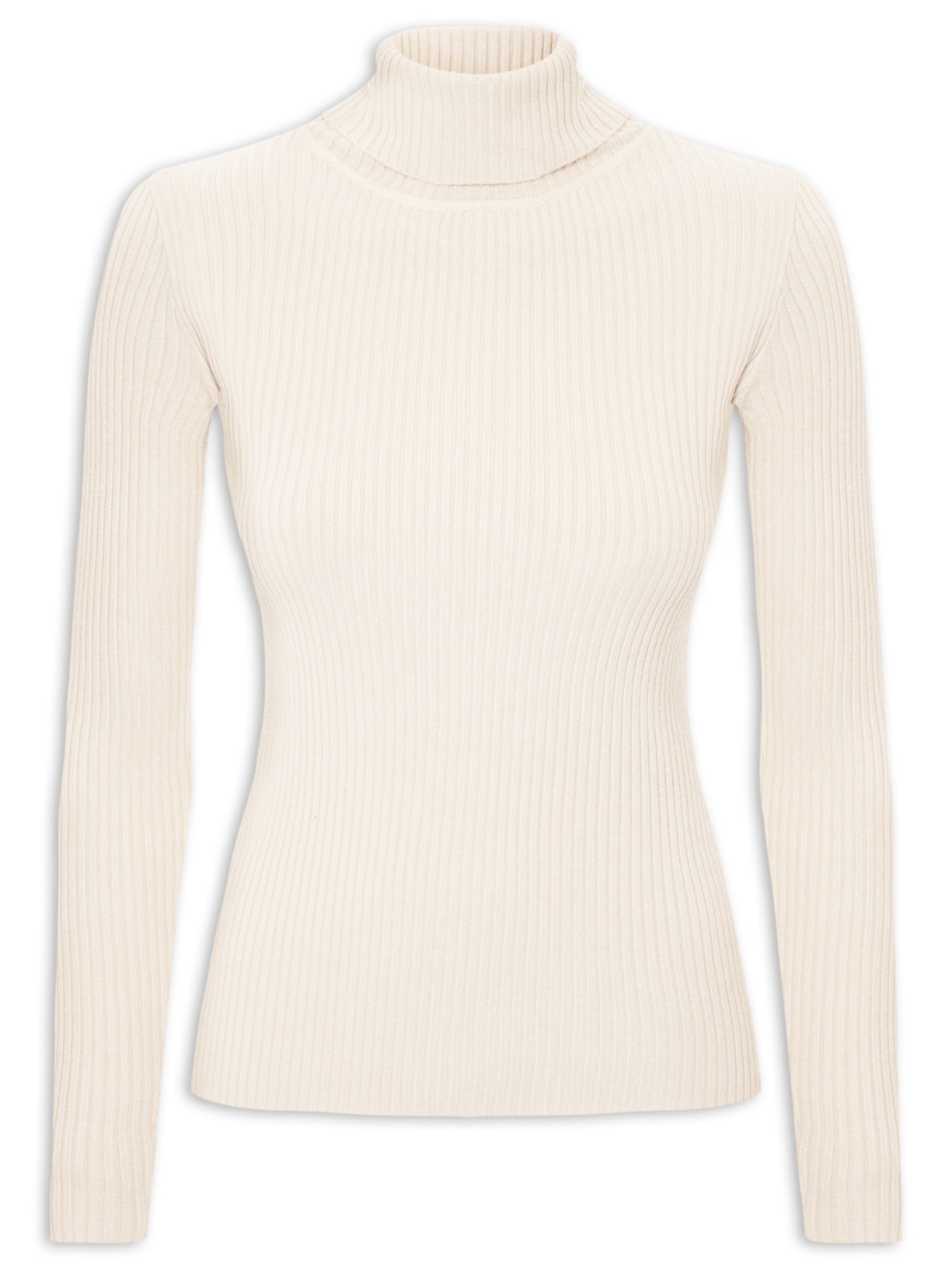 Suéter Feminino Tricot Canelado Gola Alta Bege Basiq