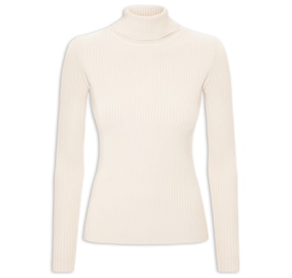 Suéter Feminino Tricot Canelado Gola Alta - Bege