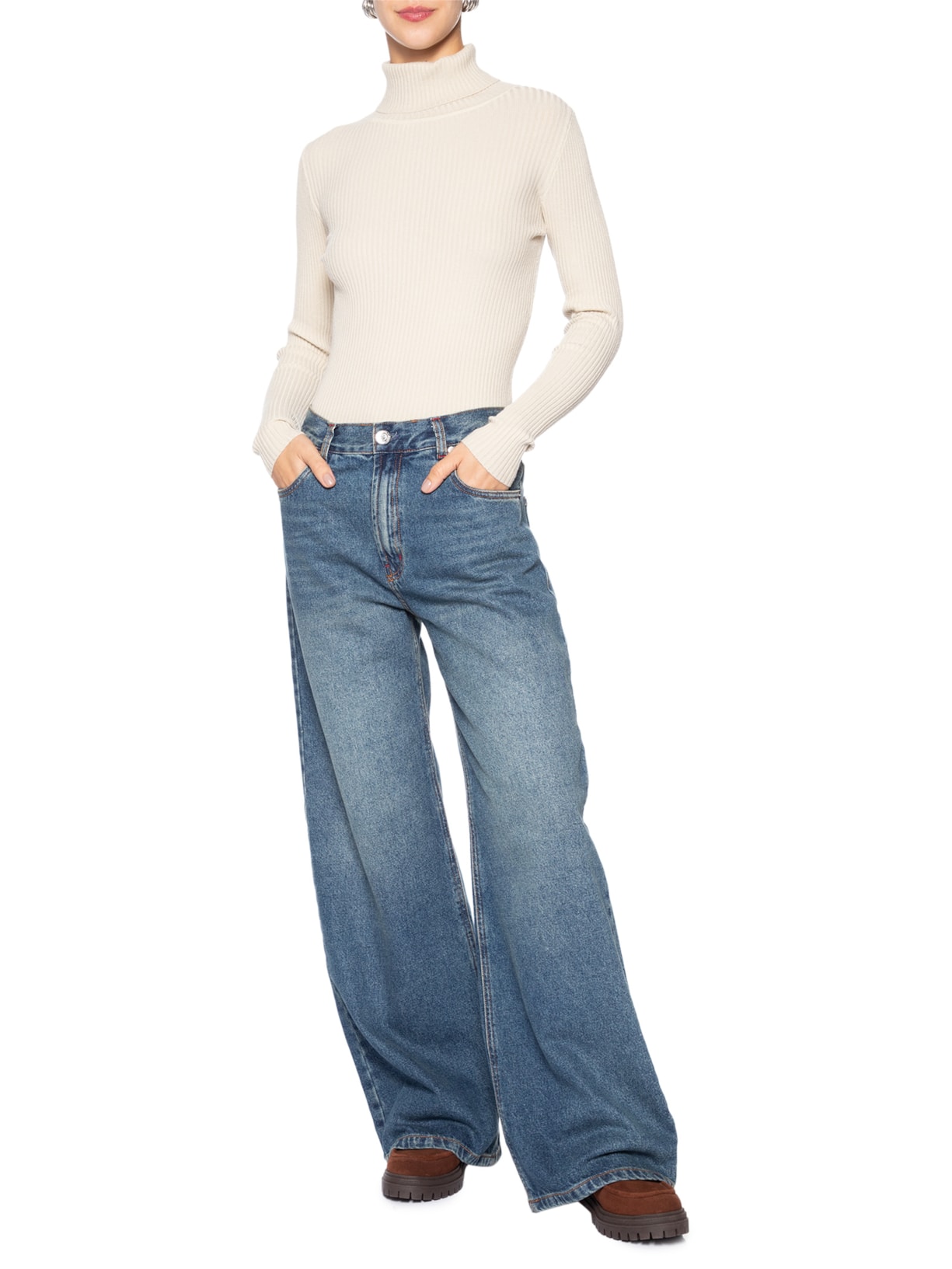 Suéter Feminino Tricot Canelado Gola Alta Bege Basiq