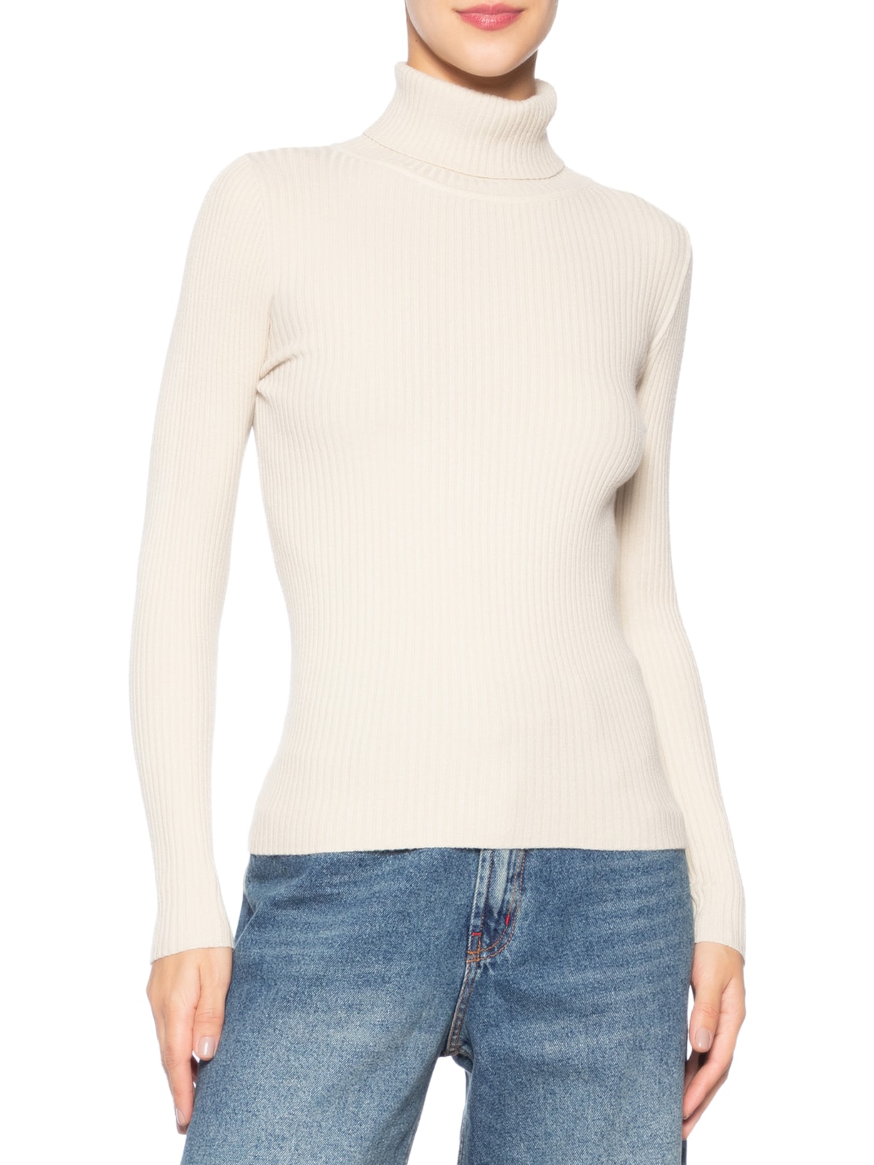 Suéter Feminino Tricot Canelado Gola Alta Bege Basiq