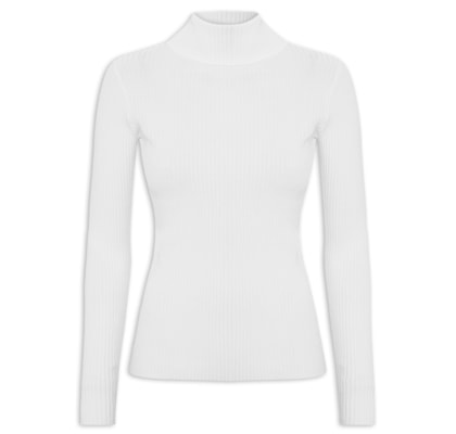 Suéter Feminino Tricot Canelado Gola Alta - Branco