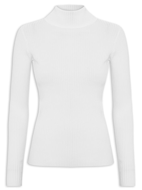 Suéter Feminino Tricot Canelado Gola Alta - Branco