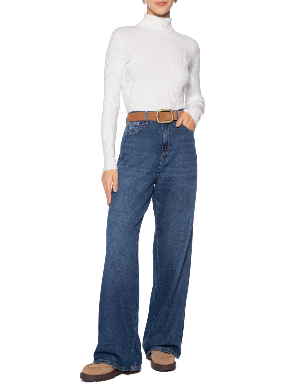 Suéter Feminino Tricot Canelado Gola Alta Branco Basiq
