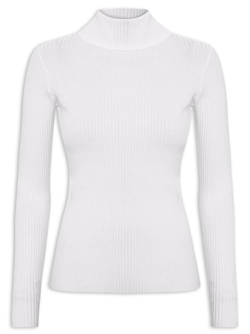 Suéter Feminino Tricot Canelado Gola Alta - Cinza