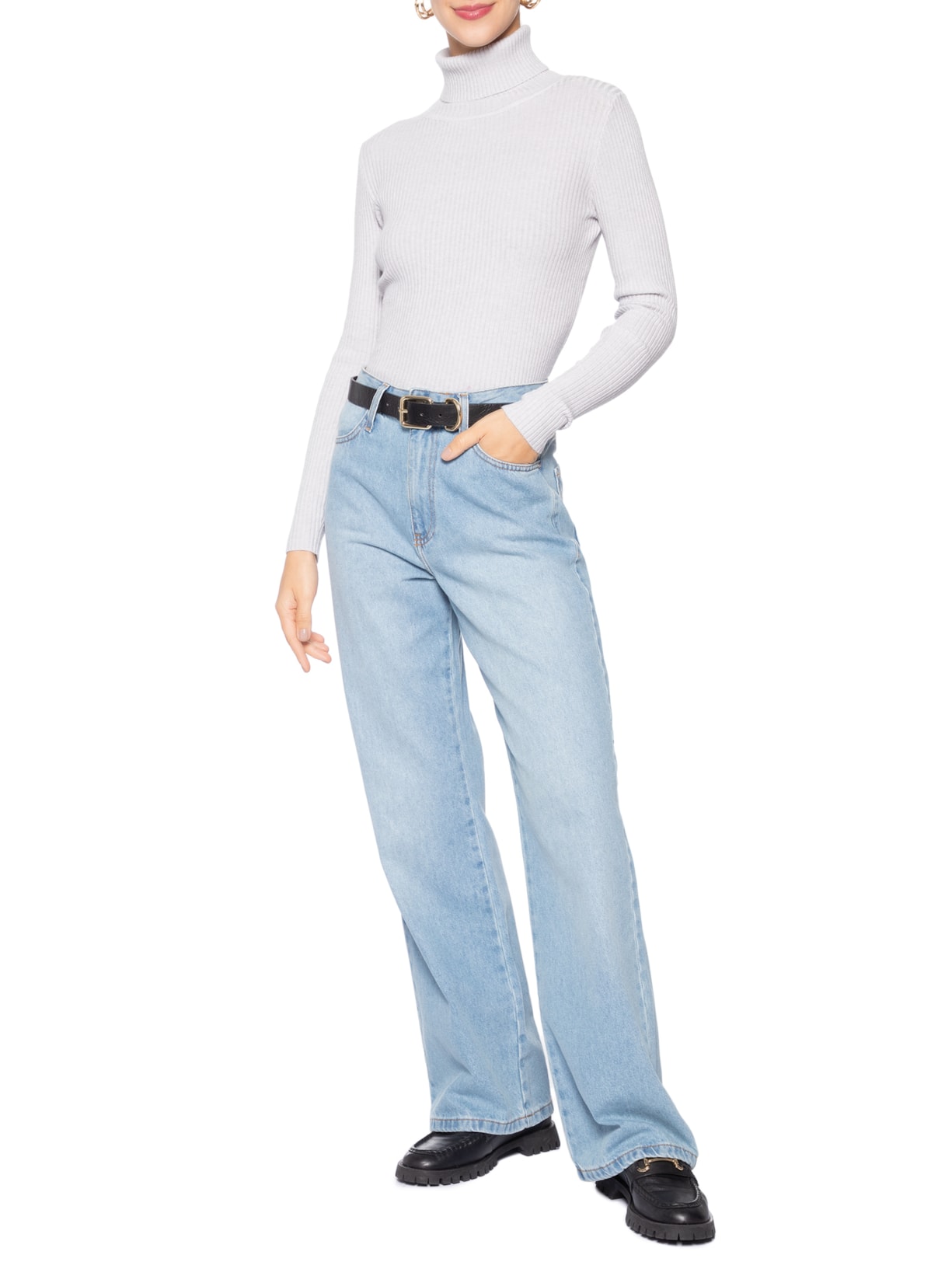 Suéter Feminino Tricot Canelado Gola Alta Cinza Basiq