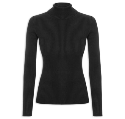 Suéter Feminino Tricot  Canelado Gola Alta - Preto
